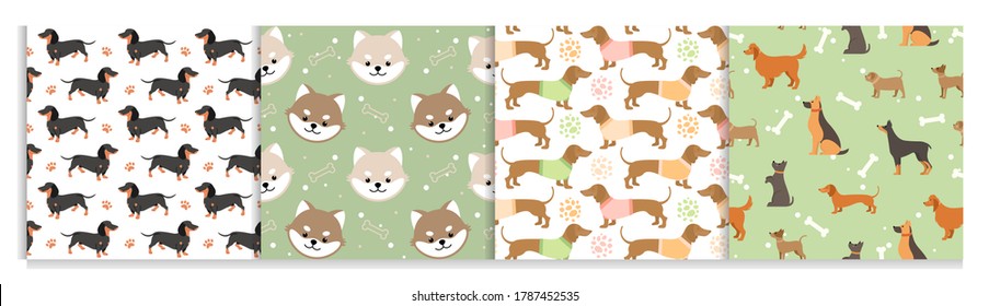 Dog pets seamless pattern vector illustrations. Cartoon cute flat animal background set with black brown doggy or funny puppy face, paw footprint and dog food design for decoration, wrapping paper