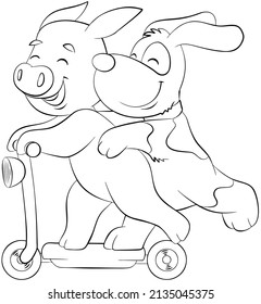 Dog and piglet on a scooter. Element for coloring page. Cartoon style.