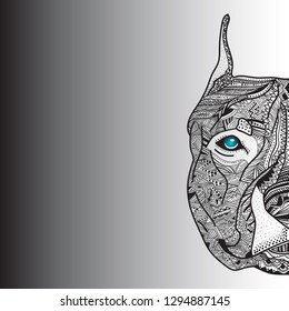 Dog pit bull Graphics Handmade. Coloring page. Line drawing. Logotype. Thumbnail of the tattoo. Half the head. Black lines