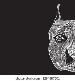 Dog pit bull Graphics Handmade. Coloring page. Line drawing. Logotype. Thumbnail of the tattoo. Half the head. White lines black background.