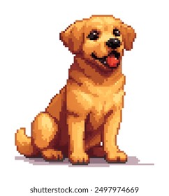 Dog pixel art. Labrador golden retriever cute puppy, 8 bit pixel style. Video game retro pixelated dog mascot, small friendly dog avatar. Playful meme character. Isolated vector illustration.