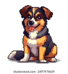 Dog pixel art. Mixes breed cute puppy, 8 bit pixel style. Video game retro pixelated dog mascot, black and yellow friendly dog avatar. Playful meme character. Isolated vector illustration.