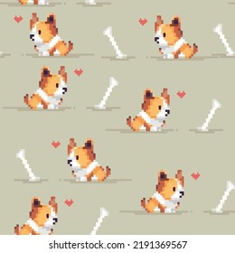 Hund im Pixelstil. Korgi mit Knochen. Khaki. Kann für Kleidung, Gewebe, Chehnf, Kekse verwendet werden