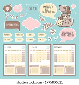 DOG PLANNER WINTER 2022 Template Schedule And Collection With Design Elements For A Three Months For Printable And Plotter Cutting Clip Art Vector illustration Set
