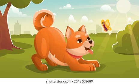 Dog play with butterfly. Adorable puppy plays with insect in city park. Pet wearing red collar spends time outdoors. Playful domestic animal in sunny day. Cartoon vector illustration