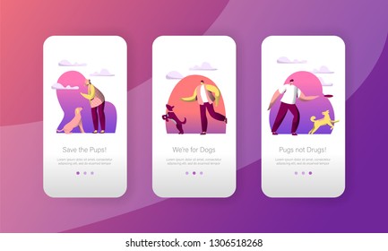 Dog Play Jump with Woman Owner Outdoor Mobile App Page Onboard Screen Set. Happy Pet Walk Outside. Canine Puppy Training Concept for Website or Web Page. Flat Cartoon Vector Illustration