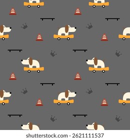 Dog play skateboard cartoon so cute. On traffic cone crown gray background. Pattern seamless vector illustration. 