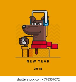 A dog with a player in the feet and the headphones, the words "New year 2018", the year of the dog.