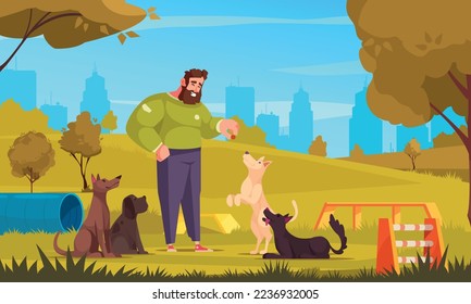 Dog playground cartoon concept with man training doggies outside vector illustration