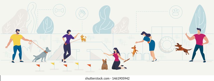 Dog Playground in City Park Flat Vector Concept with Male, Female Pets Owners Playing with Domestic Animals, Training, Teaching Dogs Tricks on Equipment for Animals Activities Playground Illustration