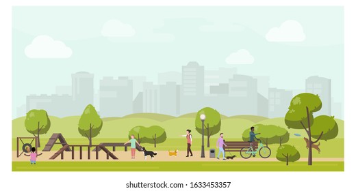 Dog playground in city park flat illustration. Stock vector. People playing with dogs in public park. Dog training equipment, dog walking in a special zone.