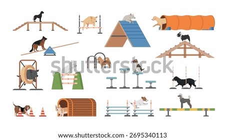 A dog playground equipment set featuring ramps, tunnels, and obstacles for dogs to play and exercise. Ideal for training and fun.