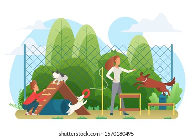 Dog playground flat vector illustration. People with dogs cartoon characters. Man and woman playing with pets in park. Domestic animals training. Outdoors activity, tricks, equipment