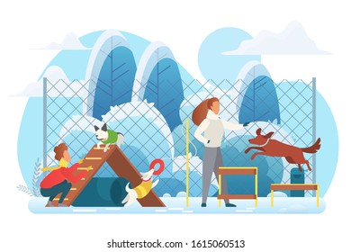 Dog playground flat vector illustration. People with dogs cartoon characters. Man and woman playing with pets in winter cold park. Domestic animals training. Outdoors activity