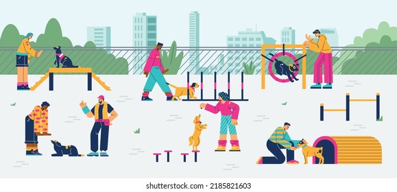 Dog playground where owners train pets to obey and follow commands, flat cartoon vector illustration. Banner backdrop for dogs training services and grounds.