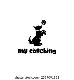 Dog playing ball logo vector, simple minimal dog care logo design, silhouette dog logo	