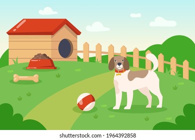 Perro jugando con pelota afuera cerca de la ilustración de la casa del perro. Animación animal doméstico con collar en la colina, comida para perros en el tazón y hueso en la hierba, nubes en el cielo. El concepto de mascotas, animales domésticos