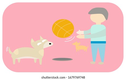 A dog playing ball with the owner On a pink background Style Flat Design