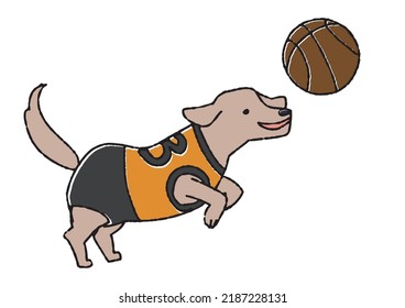 Dog playing basketball, comical hand-drawn animal vector, warm line drawing
