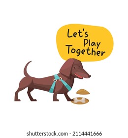 Dog playing bone, puppy and a dog catch a bone. Vector illustration for kids.