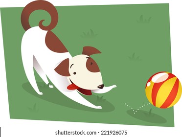 Dog playing to catch red and yellow ball. Brown and white dog playing on the grass or a formal garden with a ball vector illustration. 