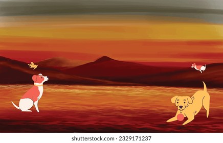 dog is playing in a desert during evening