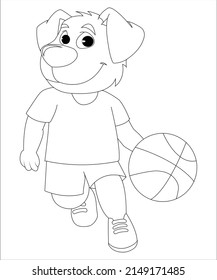 dog playing football Cartoon illustration. Funny and cute Puppy and soccer ball coloring page for kids. Cartoon illustration Vector flat style.