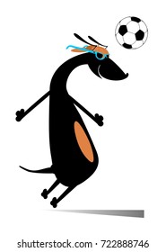 Dog playing football isolated. Cartoon dachshund beats a football by head
