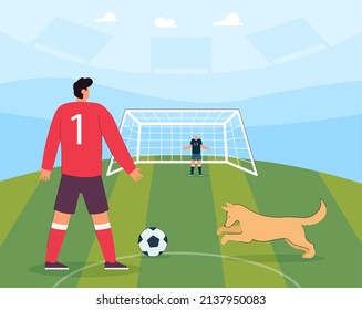 Dog playing with football on stadium during game. Puppy distracting soccer players on field flat vector illustration. Sports, pets concept for banner, website design or landing web page