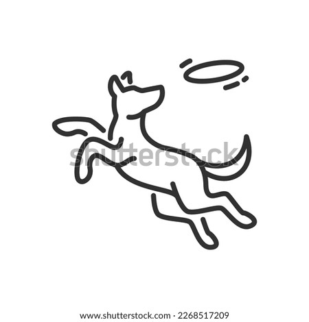 Dog playing with a frisbee, linear icon. Line with editable stroke