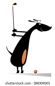 Dog playing golf. Cartoon dachshund is on the golf course

