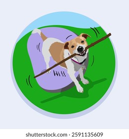 dog playing jokingly biting wooden stick