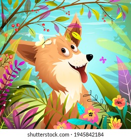 Dog playing in nature park or forest with butterfly. Adorable puppy in the wild cartoon for kids. Vector cartoon character design.