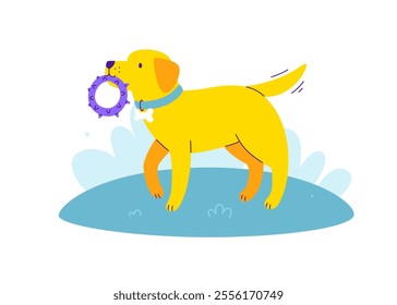 Dog playing outdoors. Cute vector labrador walking on the lawn. Flat dog playing in the park.