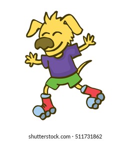 Dog playing roller skates cartoon