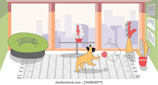 The dog is playing in the room. Scandinavian interior. Spacious bright room with windows and furniture. Vector illustration, pet friendly concept