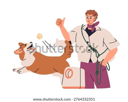Dog playing, training with ball launcher. Teaching puppy with canine animal gadget, automatic pet device for throwing, launching equipment. Flat vector illustration isolated on white background