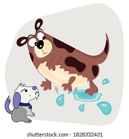 Dog playing in the water and angry dog - Vector