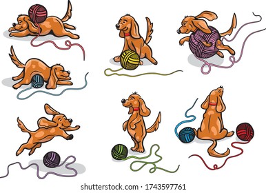 Hund spielt mit einem Faden. Der Hund hat sieben Positionen: unter dem Fadenkugel, hinter, in, oben, zwischen und in der Nähe der Fadenkugel.