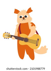 Dog plays the guitar. Funny character in doodle flat style