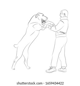Dog plays and man owner. Friendship. Man having fun with Central Asian Shepherd Alabai. Vector illustration. 
