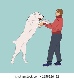 Dog plays and man owner. Friendship. Man having fun with Central Asian Shepherd Alabai. Vector illustration. 