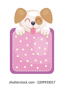 Dog in pocket. Happy puppy peeks out from behind pink square piece of fabric. Creativity and art, sewing and needlework, handmade. Elegance, aesthetics and fashion. Cartoon flat vector illustration