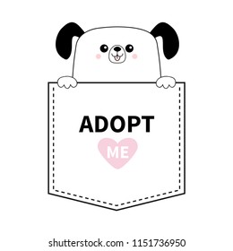 Dog in the pocket. Holding hands. Adopt me. Pink heart. Cute cartoon animals. Puppy pooch character. Dash line. Pet animal collection. T-shirt design. Baby background. Flat design Vector illustration