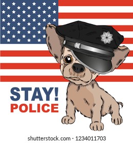 A dog in a police cap. Dog on the background of the American flag. Vector illustration