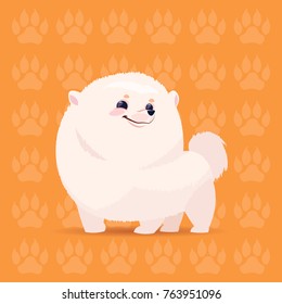 Dog Pomerian Happy Cartoon Sitting Over Footprints Background Cute Pet Flat Vector Illustration