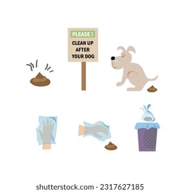 El perro poo limpia los pasos del juego de infografía. Afiche vectorial sobre higiene animal, información de limpieza de baños después de su perro.