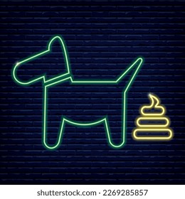 Dog and poop neon, vector image. Sign. Signboard.Logo.Walking dogs