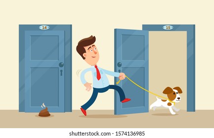 Dog Pooped Near The Door Neighbor. Owner Of The Dog Not Clean Up Poops. Stupid Joke, Prank. Bad And Harmful Neighbor. Unfriendly Neighbour. Vector Illustration, Flat Design Cartoon Style.