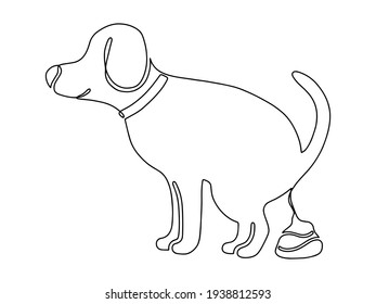 Dog pooping isolated. Warning clean up excrement, feces, shit. Care of environment and save nature park. Street banner, flyer, information sign. Drawn continuous line vector illustration one line art.
